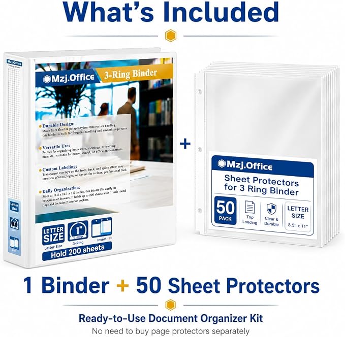 1 Inch Binders 3 Ring Set, White 1" Round + 50 Sheet Protectors | 50 Top-Loading Page Protectors, Clear View Cover & Spine, Fits 8.5 x 11 Letter Paper; for School, Office and Home Filing Use