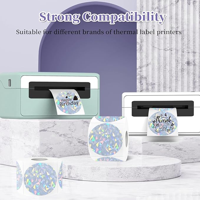2 Inch Holographic Thermal Labels,Sliver Round Thermal Printer Labels,Printable Round Thermal Printer Labels Self-Adhesive Direct Thermal Label(300 Labels/Roll Glass)