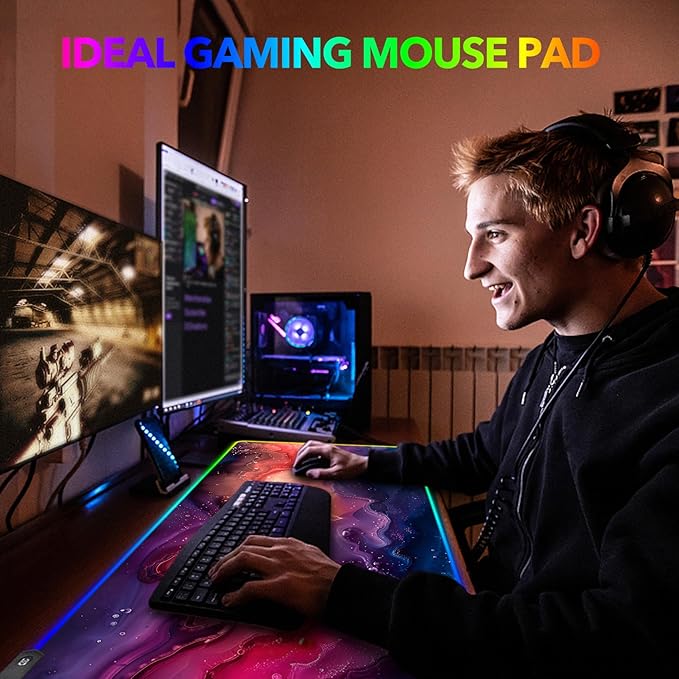 AIMSA Extra Large RGB Gaming Mouse Pad with 14 Light Modes, Extended LED Mouse Pad, Anti-Slip Rubber Base, Computer Keyboard Mousepad Mat, Abstract Purple Marble