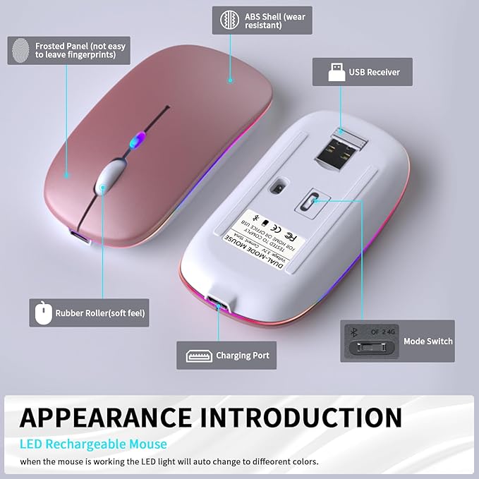 Wireless Bluetooth Mouse – Rechargeable, Silent, Dual Mode (Bluetooth 5.2 & USB) with LED Lights – Portable for Laptop, Desktop, & Tablet(Rose Gold)