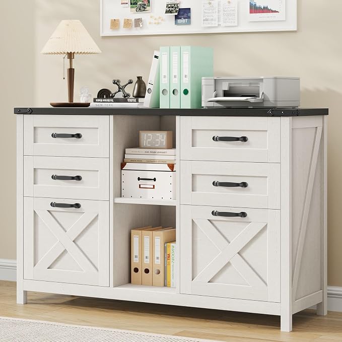 Farmhouse Lateral Filing Cabinet, Lateral File Cabinet with 6 Drawers and Adjustable Shelf, Large Printer Stand with 2 File Drawers for Letter/A4 Size Hanging Files for Home Office, White and Black