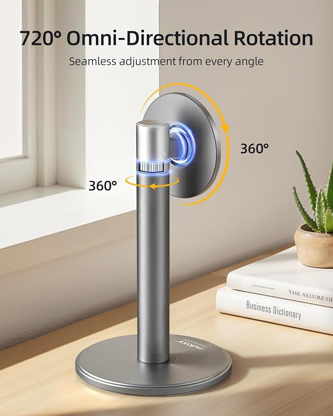 Nulaxy Magnetic Full Aluminum Cell Phone Stand with 360 Rotating Adjustment | Stable Base, Includes Metal Ring, Works with Thick Cases, Hands-Free, Office Accessories, Compatible with All Phones