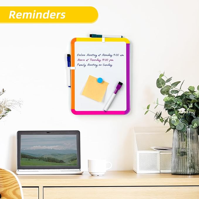 VUSIGN Small White Board Dry Erase, 8.5''x11'' Magnetic Dry Erase Board, Mini Whiteboard with Markers for Fridge, Wall, Locker, Colorful Frame (Pack of 3)