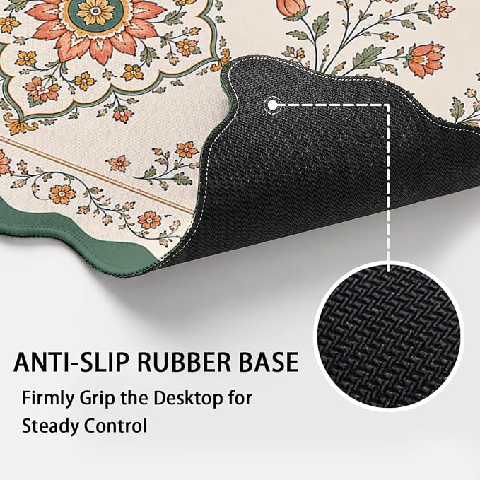 Vintage Floral Scalloped Mouse Pad Sage Vase Medallion French Country Large Gaming with Stitched Edges,Non-Slip Waterproof Rubber Base Mous Mat Office Computer Keyboard Laptop Home 31.5"x15.7"