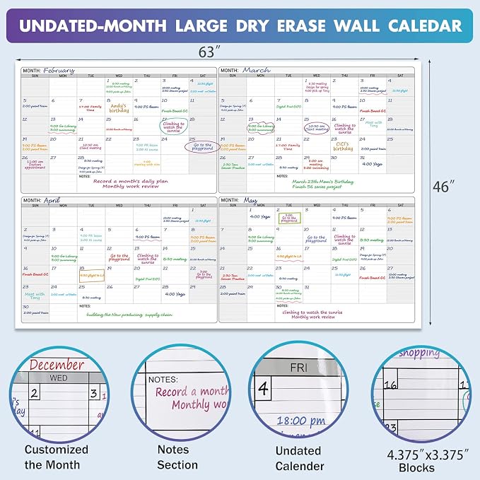 Extra Large Dry Erase Calendar for Wall, Giant 4 Month Calendars 46 x 63 in | Jumbo Huge Size Erasable laminated Four month Whiteboard,Oversized Blank Reusasble 120 Days Poster, Multi Months White Board