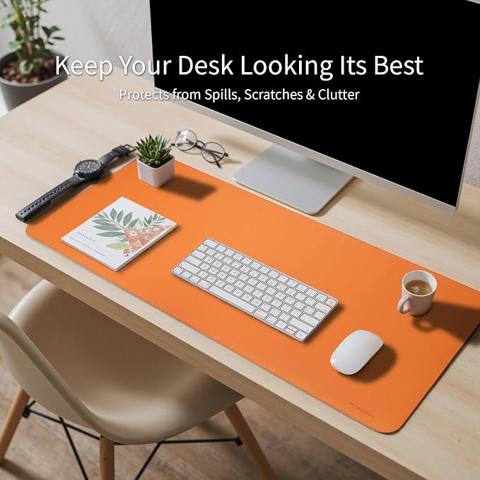 Large Desk Pad Non-Slip Desk Mat Protector for Keyboard Mouse Waterproof Vegan Leather Surface Faux Leather Laptop Mat Smooth Mouse Pad Premium Gift Tube Sunset Orange 39" X 17"