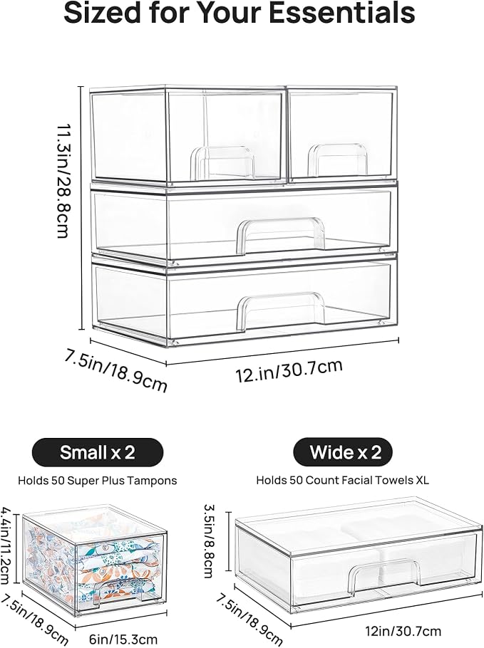Vtopmart Clear Stackable Storage Drawers Set of 4, Plastic Organizer Bins | Multi-purpose Boxes for Bathroom Accessories, Beauty Supplies, Ideal for Cabinet, Shelf, Pantry, Laundry Room Organization