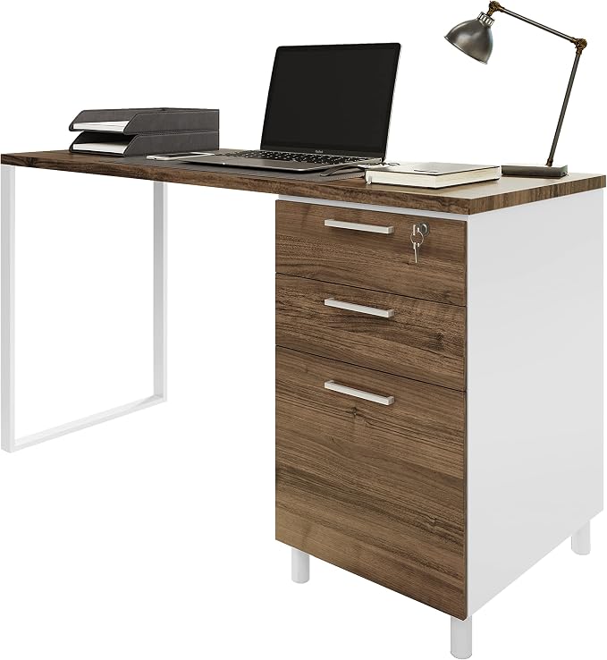 Modern Design Milano Office Desk with 3 Locking Drawers, 48 Inch White and Walnut Industrial Wood Desk with Filing Drawer and Storage, by Crafts and Comfort