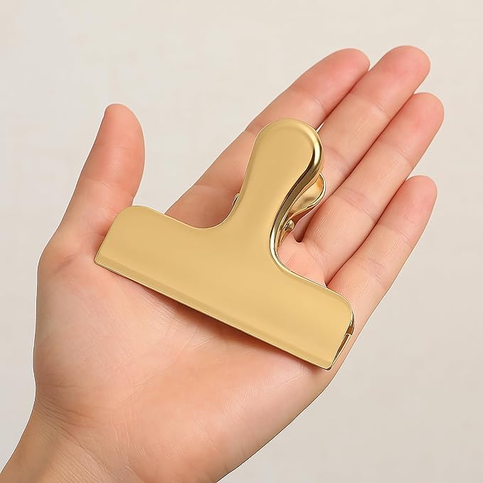 2Pcs Gold Chip Clips, 3 Inch Wide Stainless Steel Brass Notebook T Clip, Heavy Duty Food Bag Clamp, Vintage Retro Hinge File Bill Holder Sealing Air Tight Clips Modern Kitchen Office Accessories