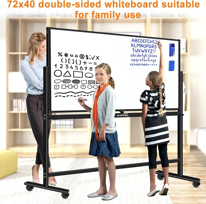 Dry Erase Board with Stand 72"x40" Magnetic Mobile Whiteboard on Wheels Double-Sided Rolling Whiteboard for Office, Home & School
