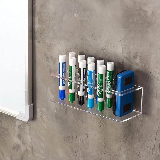 MyGift Acrylic Dry Erase Marker Holder, 10 Slot Whiteboard Organizer | Ten compartments organize markers, erasers, and board tools with a clear design for classrooms, offices, and workspaces