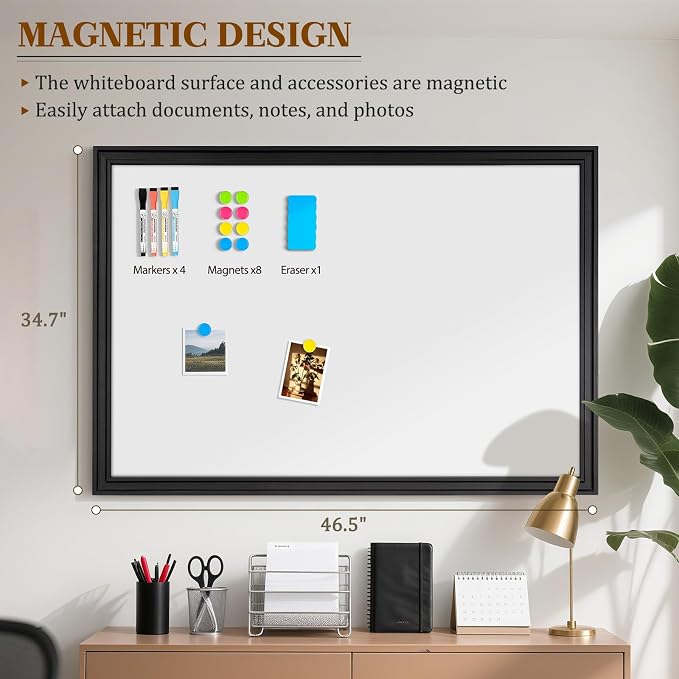 Large Dry Erase White Board for Wall, 48"x36", Black Wooden Frame | Magnetic, Decorative Whiteboard, Wall Mounted, for Home, Office, Kitchen, Dorm, 4 Markers, 6 Magnets, A Eraser