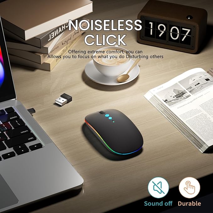 LED Wireless Mouse A100S Rechargeable Portable Silent Mouse with Optional USB and Type-C Receiver 3-Speed Adjustable DPI for PC/Mac/Laptop (Frosted Black)