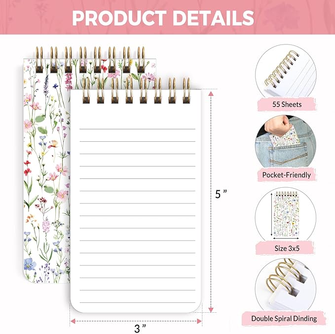 SKYDUE Small Notebooks, 3x5 Pocket Notepads with Aesthetic Covers, Mini Spiral Notebook with Lined Pages for Work Nursing School Essentials, Set Of 8