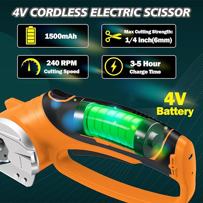 Cordless Electric Scissors, 4V Rechargeable Box Cutter & Cardboard Cutter with LED Light, Safety Lock - Rotary Cutter for Fabric, Leather, Carpet, Plastic, Crafting, Sewing with Storage Box (Orange)