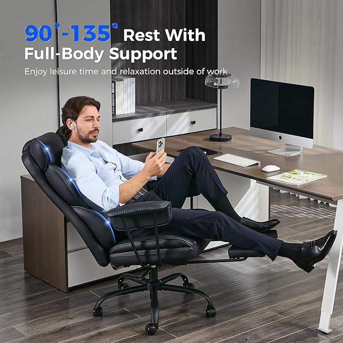 Big and Tall Office Desk Chair - Wide Ergonomic Executive with Footrest, High Back Lumbar Support Reclining Gaming Computer Chair for Heavy People (Black)