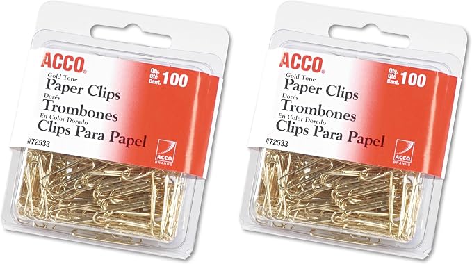 ACCO Brands Paper Clips, Regluar, # 2 Size, Smooth, Gold, 100 Clips/Box (72533) (Pack of 2)