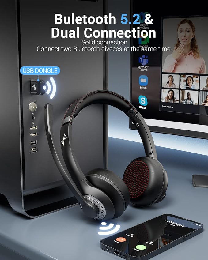 Wireless Headset with Mic for Work, Bluetooth V5.2 Headphones with AI Noise Cancelling Microphone, USB Dongle, Clear Calls & Mic Mute, for Laptop, PC, iPhone & Android Phones