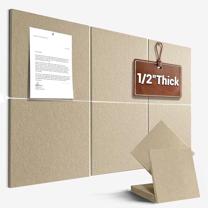 36" x 24" Large Felt Bulletin Board 1/2" Thick, Tan | 6 Pack Felt Tiles, Cork Board Alternative, 30 Adhesive Tabs, Pin Board for Home Office Decor with Easy Install