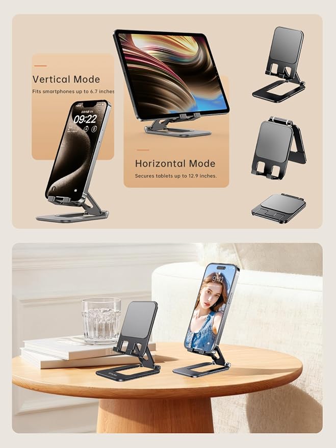 Adjustable Foldable Phone Stand for Desk, Premium Aluminum Cell Phone Holder, Portable Multi-Angle Desktop Stand Compatible with iPhone, Galaxy, iPad, Tablets & All Smartphones