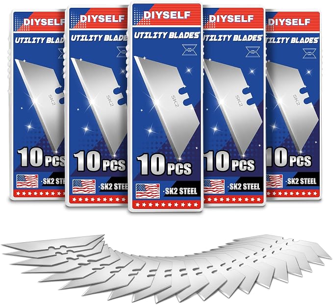DIYSELF 50 Pack Utility Knife Blades, SK2 Steel Box Cutter Blade Refills | Standard-Size SK2 Steel, Razor Blade Refills for Cardboard and Leather, Utility Blades for Crafts, Repairs and Workshop Users