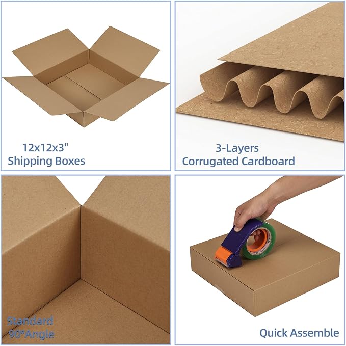 Hoikwo 12x12x3 Shipping Boxes Set of 15 | Brown Corrugated Cardboard Box for Small Business for Packaging Mailing