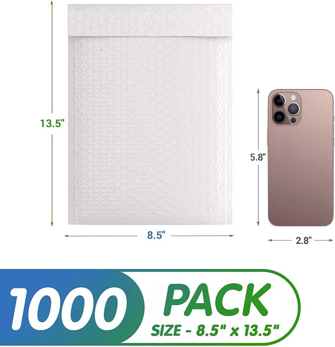 Poly Bubble Mailers, 8.5 x 13.5 Inch White Padded Mailers, Self Seal Shipping Envelopes, Lightweight Poly Mailer Bags, Waterproof Mailing Bags, Pack of 1000