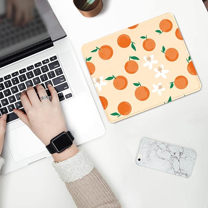 Seorsok Funny Cute Peach Flower Fruit Mouse Pad,Office Home Premium-Textured Mouse Mat Design,Waterproof Mouse pad,Non-Slip Rubber Base Computer Mouse Pads for Wireless Mouse,Orange with Green Leaves