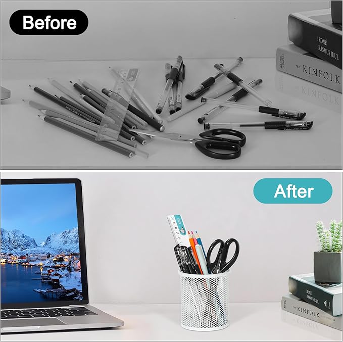 EasyPAG Metal 2-Piece Pen Holder Set Desk Accessories & Workspace Organizers for Classroom, School & Office,White