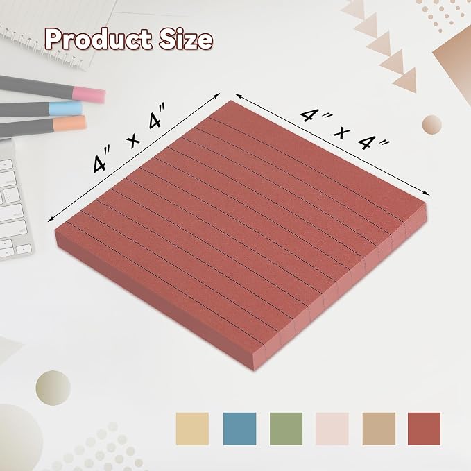 (12 Pack) Lined Sticky Notes 4x4 in, 6 Vintage Colors Self-Stick Note Pads | Super Sticking Power Memo Pads, 4x4 Large Square Sticky Notes for Office, Home, School, Meeting