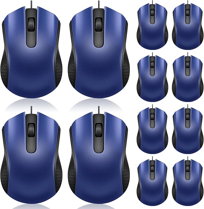 Hoteam 12 Pcs Wired Mouse Bulk, USB Ergonomic Computer Mice,Blue | Plug Play USB Cord, Textured Grip for Office Gaming, Desktop Laptop Compatible, Bulk Office School Business Supply