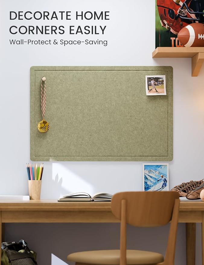Fluxynara 35.4" x 23.6" Bulletin Board, Olive Green | Cork Board Alternative with 12 Removable Adhesive Tabs, Foldable Felt Pin Board for Home, Office, Classroom & Dorm