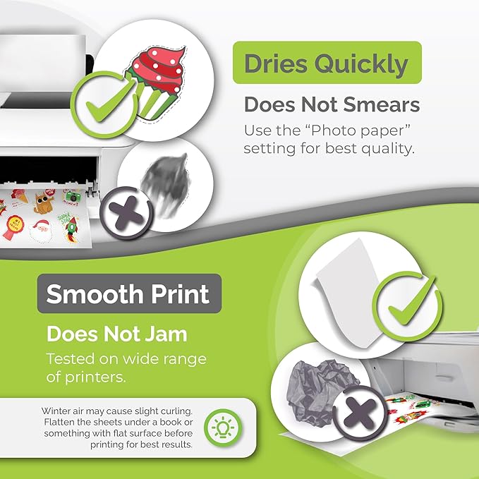 Premium Printable Vinyl Sticker Paper for Inkjet & Laser Printer - 56 Sheets Self-Adhesive Sheets Matte White Waterproof, Dries Quickly Vivid Colors, Holds Ink Well - Tear Resistant
