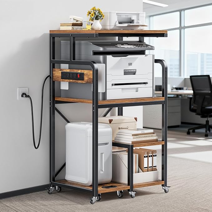 POKIPO 4 Tier Large Printer Stand Table with Power Outlet Adjustable Shelf | 26.7" x 21.2" x 50.2" Tall Cart,Fit 2/3 printers, Rolling with Wheels,Home Office Kitchen Stand,for 3D Printer Paper Shredder