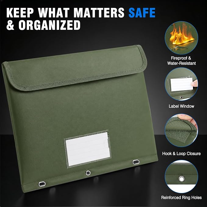 Fireproof 3 Ring Binder Pocket,Document Bag Side Loading, 2 Pack | Water Resistant,Heat Insulated,Binder Folders Organizer,Safe Storage for Home Office Travel,Letter Size, Green