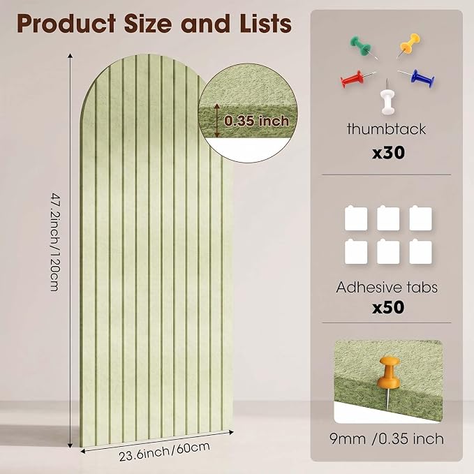 Arched Felt Bulletin Board 47" x 24", High Density Cork Board Alternative for Office & Wall Decor, DIY Corkboards for Wall with 30 Push Pins & 50 Adhesive Tabs, Picture-Board for Home (Green)