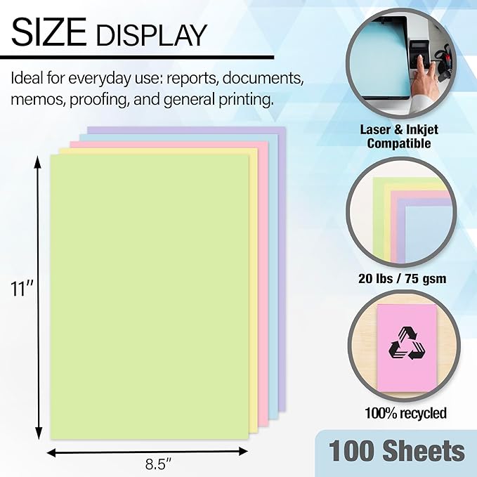 BAZIC Products Blank Paper Copy & Multipurpose Paper - 8.5" x 11" Pastel Color Printer Paper for Inkjet, Laser, and Fax Machines, Ideal for Office, School, and Crafts, 100 Sheets/Pack, 1-Pack