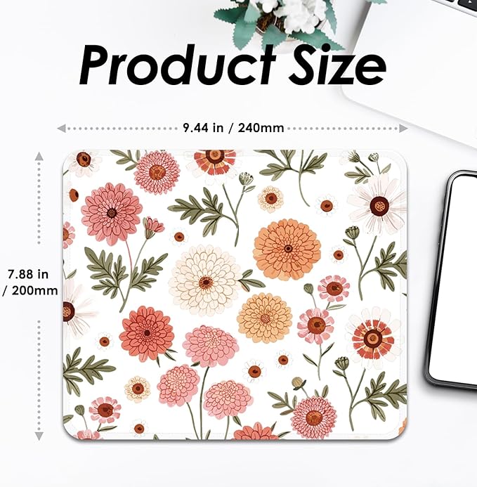 Mouse Pad with Stitched Edges - Cute Floral Mousepad for Women, 9.25 x 7.75 inch Washable Square Desk Pad, Non-Slip Rubber Base, Office Home Laptop Accessories - Coral Daisy