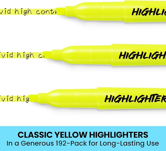 Taja Highlighters 192 Pack, Bright Yellow, Bulk Pack Chisel Tip Marking Pens with Clean Ink, Suitable for School, Office, and Daily Use