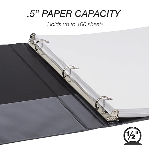 Samsill 0.5 Inch 3 Ring Binder, Economy Round Ring, Clear View Cover, 100 Sheet Capacity - for School, Home, Office - Charcoal Black