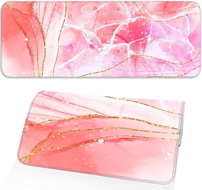 Pink Mouse Pad, Large Gaming Mouse Pad, Non-Slip Base and Stitched Edges, for Gaming, Home, Office, 31.5 x 11.8 Inch, Cute Desk Pad, Rose Gold Marble