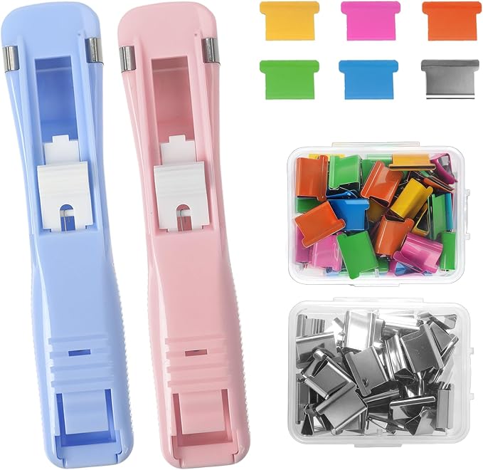 Portable Binder Clip Stapler, 2 Pcs Handheld Paper Clam Clip Dispenser, Macaroon Blue and Pink Stapler Push Staple Free Clips Binder Set with Metal Refill Clips for Home School Office Fixing Document