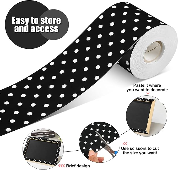 Zonon 65 Feet Bulletin Board Borders Black White Polka Dots, 2 Rolls | Straight Edge Trim Ideal for Classroom, Teacher Supplies Back to School, Decorative Display, Rolled Design Easy Use