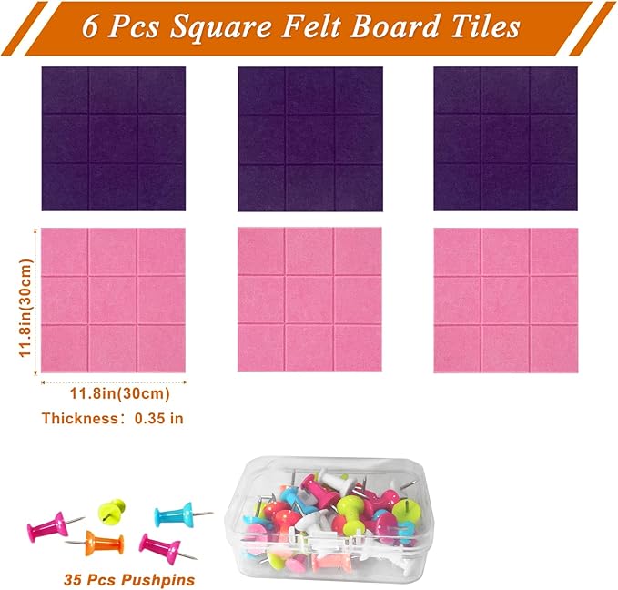Large Square Felt Cork Board Tiles, Self Adhesive DIY Felt Bulletin Board with 35 Pushpins for Office School Home Wall Decor Stickers Memos (Purple & Pink)