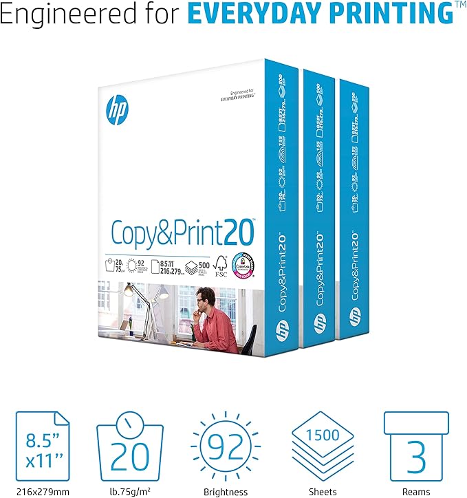 HP Papers | Printer Paper | 8.5 x 11 Paper | Copy &Print 20 lb | Case - 1,500 Sheets | 92 Bright | FSC Certified | 200090C