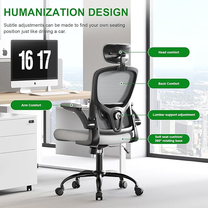 Ergonomic Office Chair - Adjustable Lumbar Support and Headrest, High Back Desk Chair with Flip-Up Arms for Home Office, 90-120° Tilt & Swivel Rolling Task Chair (Grey6076)