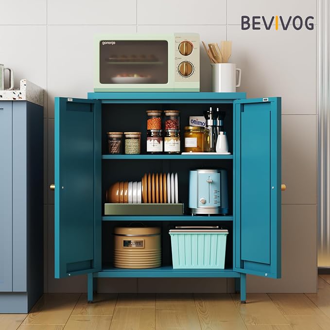 Bevivog Bathroom Floor Storage Cabinet,Metal Storage Sideboard with 2 Doors and 2 Adjustable Shelves,Modern Small Storage Cabinets, Blue Metal Locker for Entryway,Living Room,Hallway