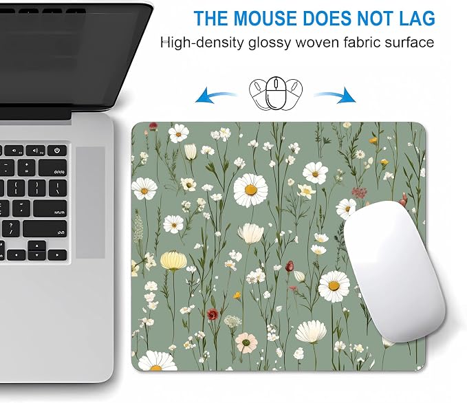 Green Floral Mouse Pad Small, Daisy Flower Mousepad, Wildflower Butterfly Mouse Pad for Laptop, Office, Gaming, Boho Plant Square Computer Pad, Coworker Gift for Women Girls