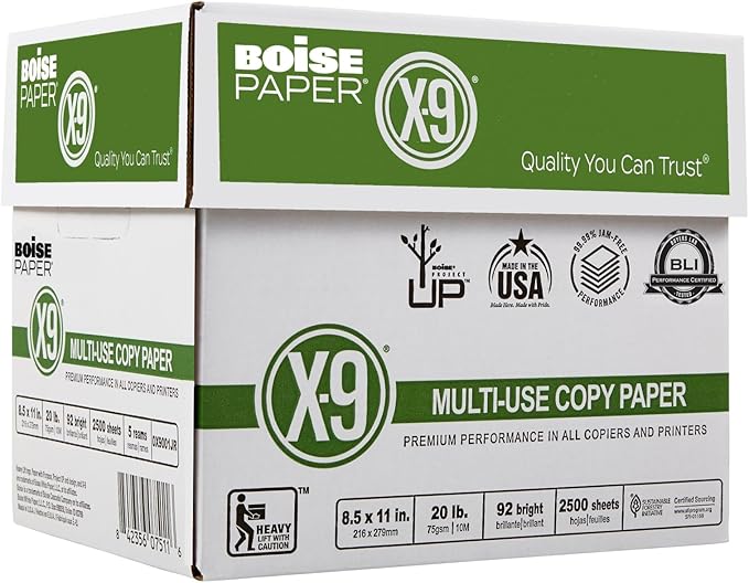 Boise X-9 Multiuse Copy Paper, Letter Size Paper, 20-Lb, Ream of 500 Sheets, Case of 5 Reams