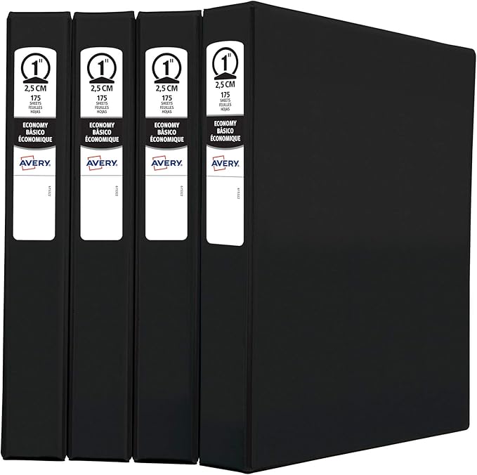 Avery Economy 3 Ring Binders, 1" Round Rings, 4 Black Binders (03301)